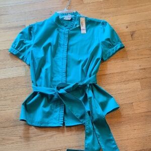 Worthington Blue Puff Sleeve Peplum Blouse